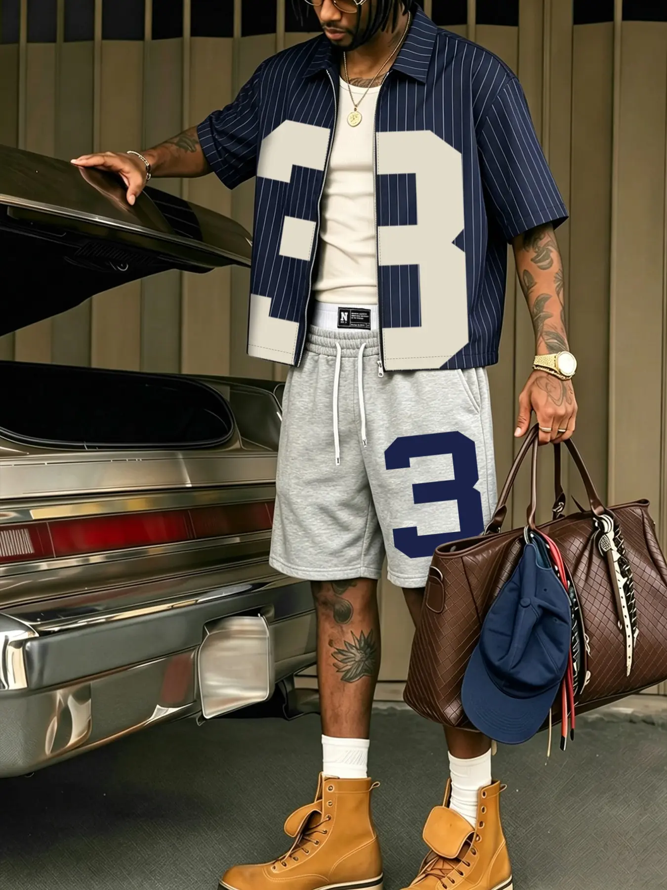 Unisex Zipper Design Shirt and Shorts Set, Hip Hop Y2K Streetwear Fashion, Summer Music Festival Outfit, Striped Fabric, Casual Loose Fit