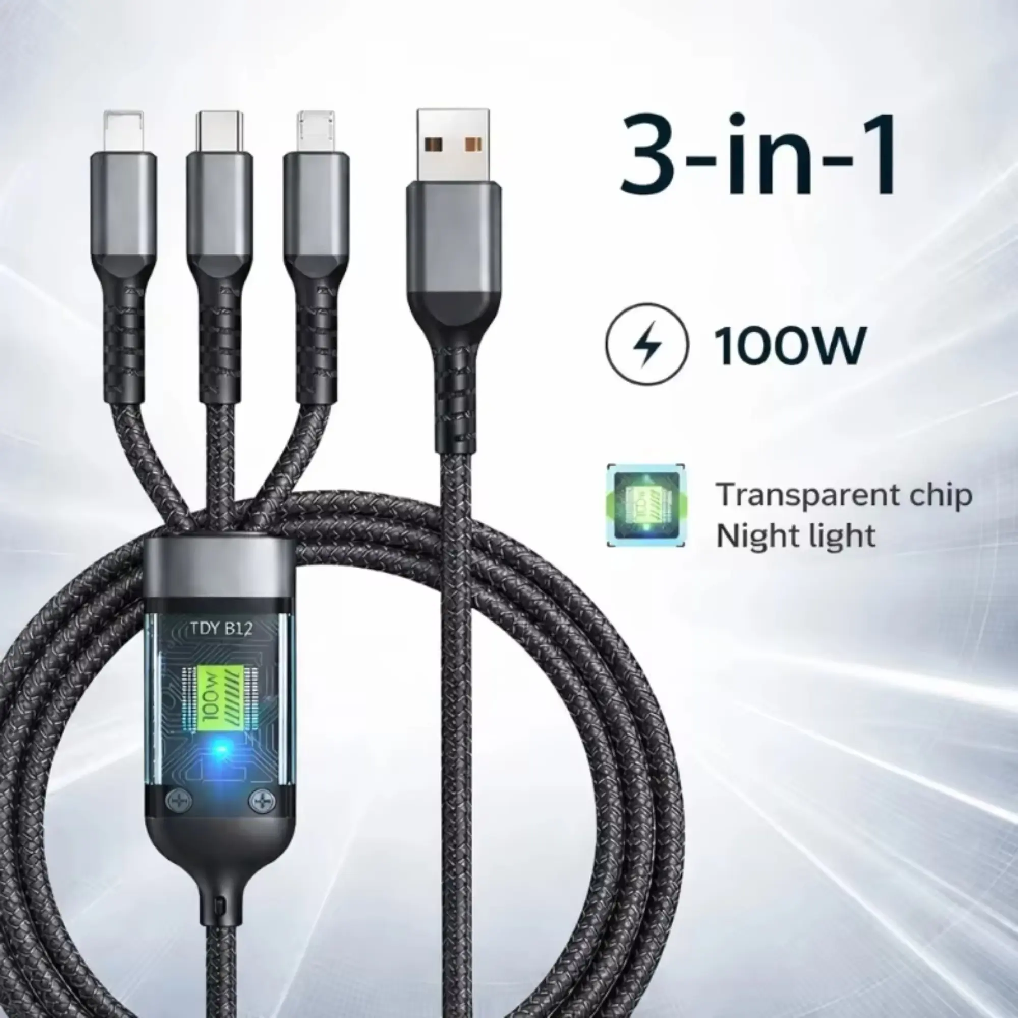 Electronic 3-in-1 100W Fast Charging Data Cord, 6A Transparent Multi-Port Cable with USB Type-C, Micro, IP Ports for iPhone 15, Samsung Devices