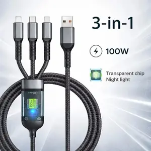 3 In 1 100W Fast Charging Cable Multi USB Type C Micro IP Port Transparent 6A Data Charger Cord for iPhone 15 Samsung Huawei