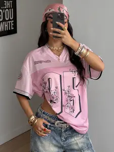 Solid Pink Black Trim V Neck Mesh Jersey Top, Big 95 Number With Surround Floral & Side Letter Print, Double Striped Cuff, Honeycomb Breathable Quick Dry Mesh, Sweet Edgy Y2K Sport Style, Multi-Occasion Daily/Street/Festival/Layering Wear