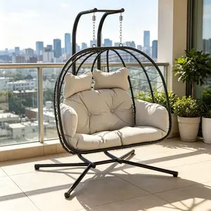 Double Egg Chair with Stand for Patio, Outdoor Indoor Hanging Swing Chair with Cushions, Wicker Rattan, 700lbs Capacity, Waterproof Sunproof for Balcony Garden Porch,,Summervibes