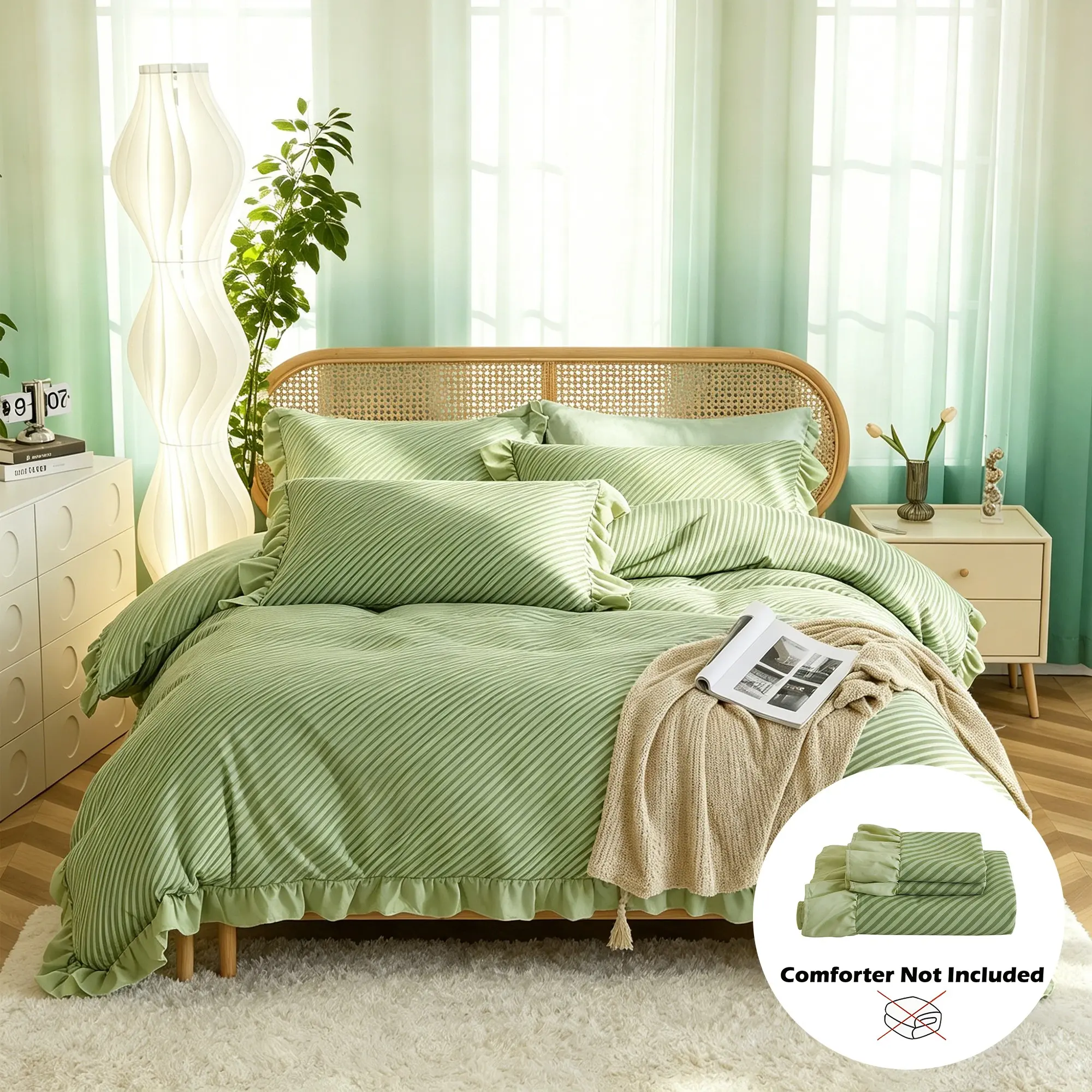 Striped Ruffle Bedding Set 3 Piece, Romantic Bedroom Decor, Breathable Comfort, Includes 1 Duvet Cover Without Comforter and 2 Pillowcases Without Pillow Fillings, All Seasons Gift