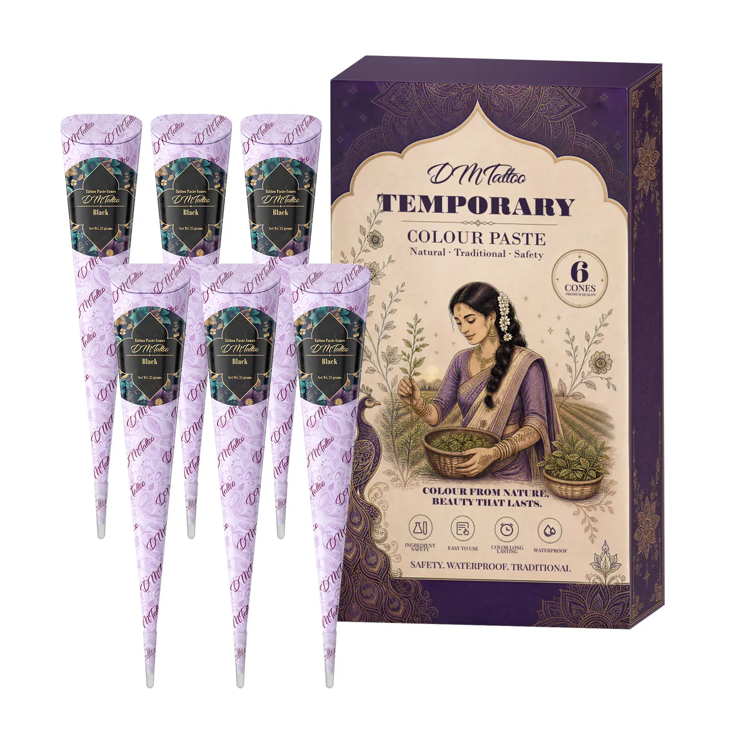 DM 6PCS herbal temporary henna drawing tattoo kit, Henna Designs, mild plant pigment applies evenly. Sweatproof waterproof tattoo fades gently without needles, simple body paint for travel photos and party costume decoration.