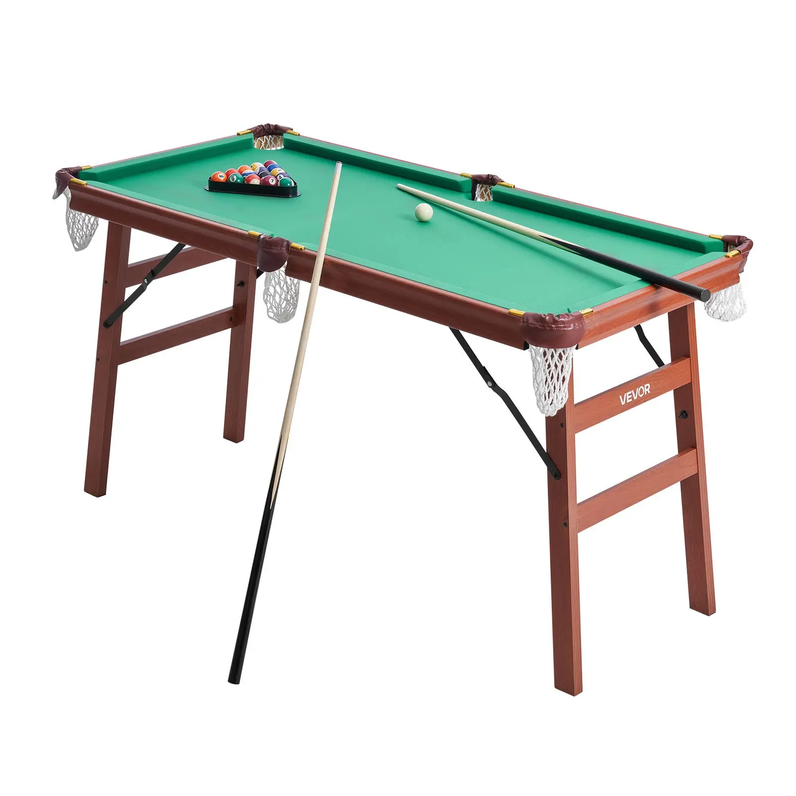 VEVOR 4.5 ft Folding MDF Pool Table, Portable Billiards Table with Brown & Blue Cloth, Space-Saving Family Entertainment Kit Includes Balls, Cues, Rack, Chalk, Brush for Recreation Room