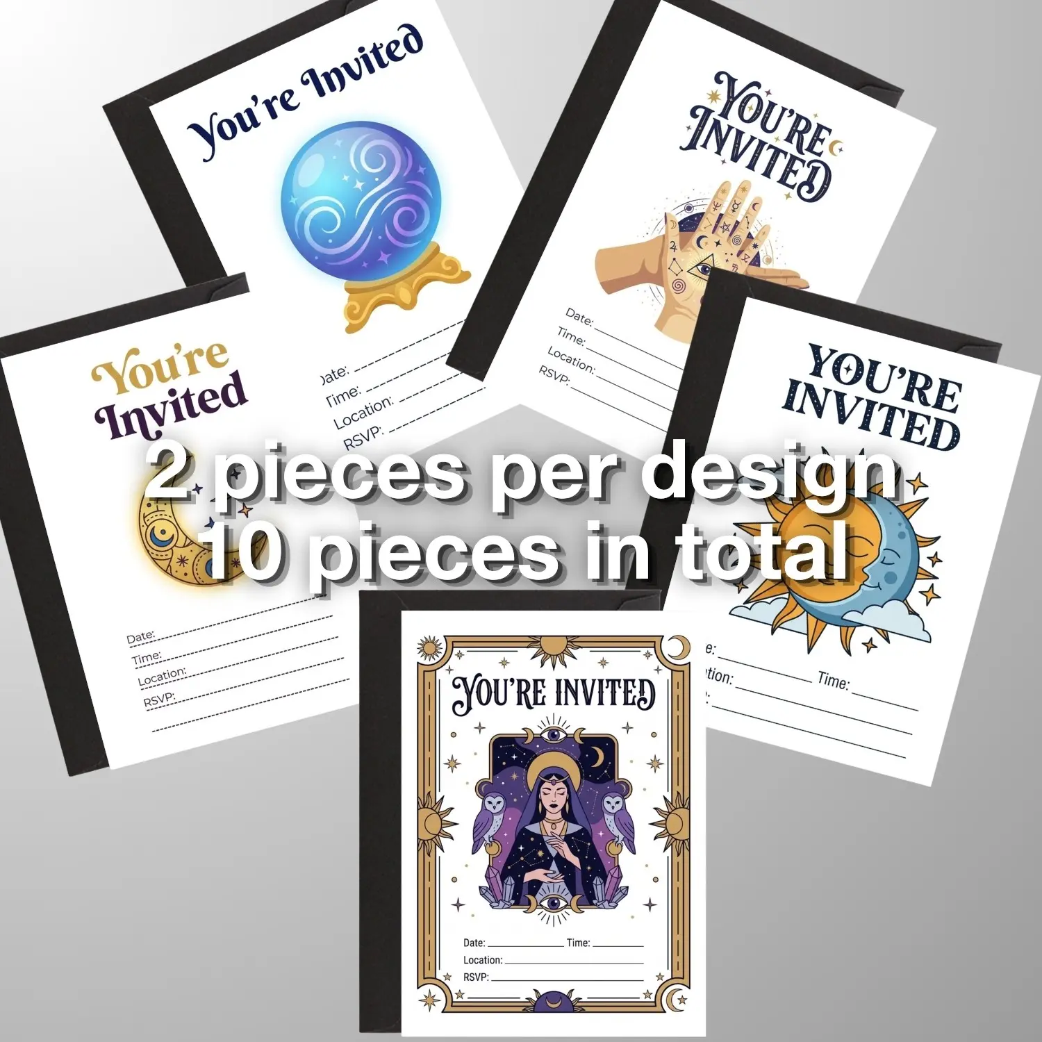 Fortune Telling Halloween Party Invitations Set, 5x7" Mystic Tarot Theme, 10 Pack Blank Fill-In Cards with Envelopes, Perfect for Events