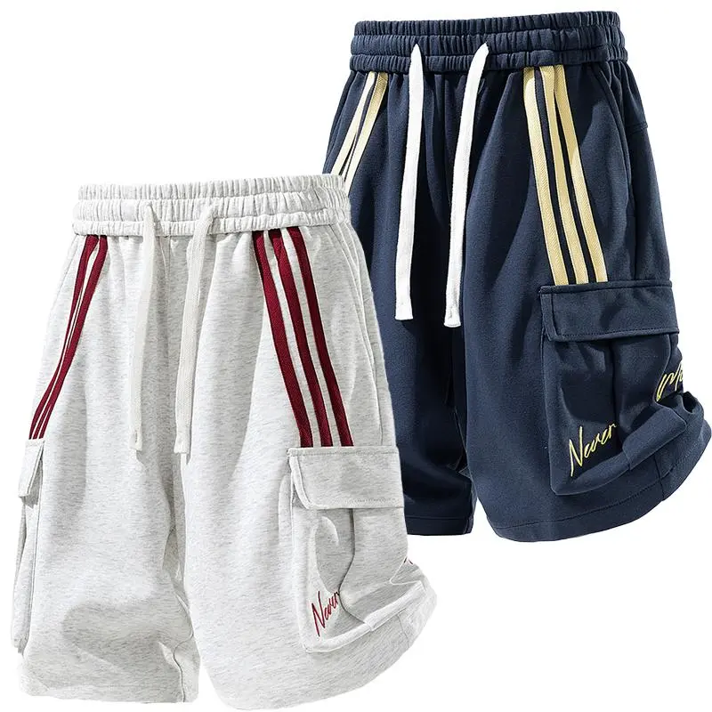 Men's Cotton Cargo Shorts - Loose-Fit Sportswear with Contrast Stripe, Mid-Waist Drawstring for Outdoor Activities