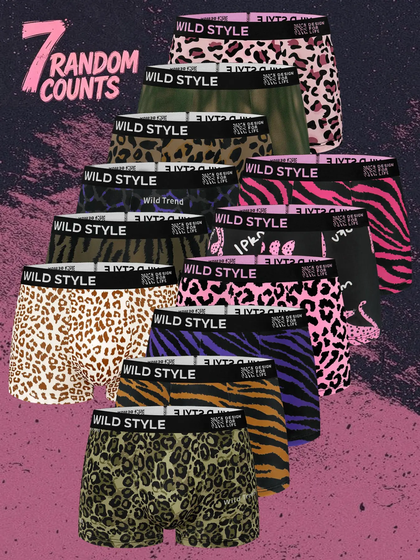 7 pcs random men's printing leopard print flat cornered underwear, Stretchy Casual boxer briefs, soft and comfortable, Mix and match trendy styles, Suitable for daily home leisure, Breathable elastic fabric, Four season outfit matching