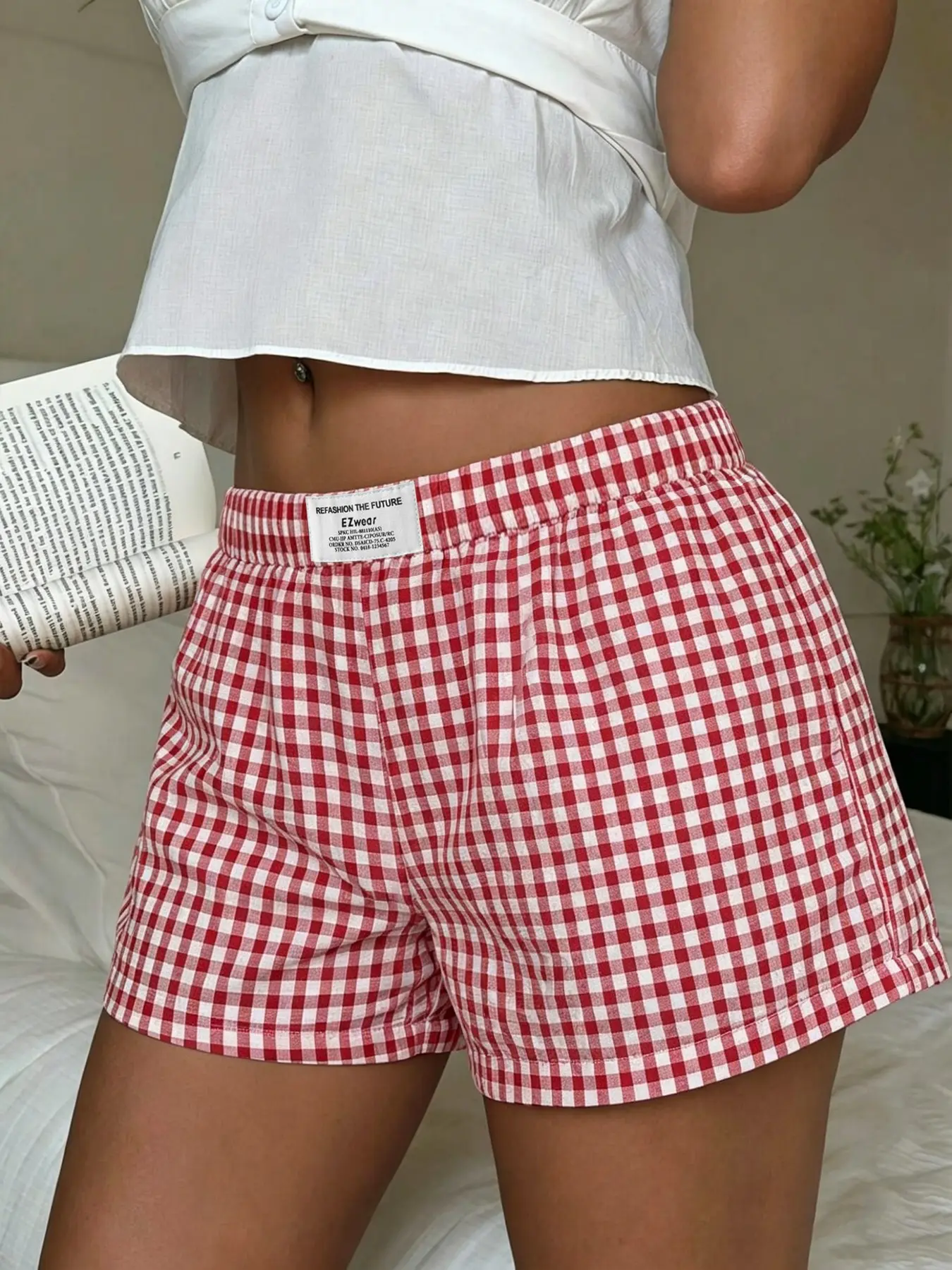 Vintage Plaid Casual Shorts for Women, Elastic Waist Loose-Fitting, Lightweight Soft Farm Style, Daily Wear Bottoms
