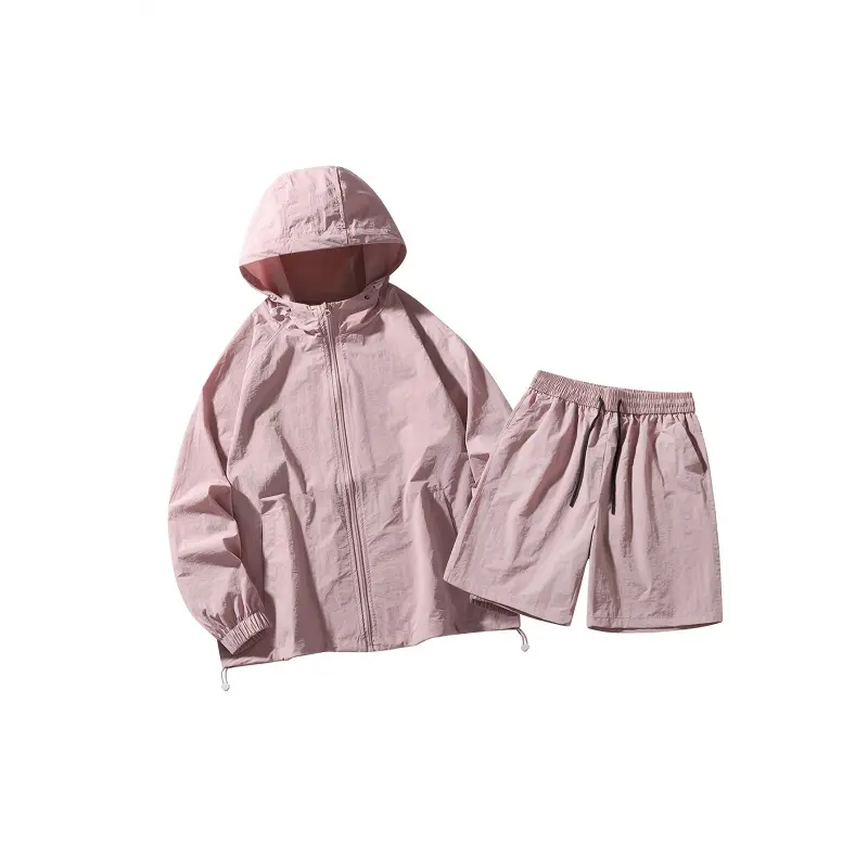 Men's Solid Color 2-Piece Outdoor Sports Polyamide Set - Lightweight Ice Silk Hooded Windbreaker Outerwear & Shorts for Summer Travel, Two Piece Set, Plain