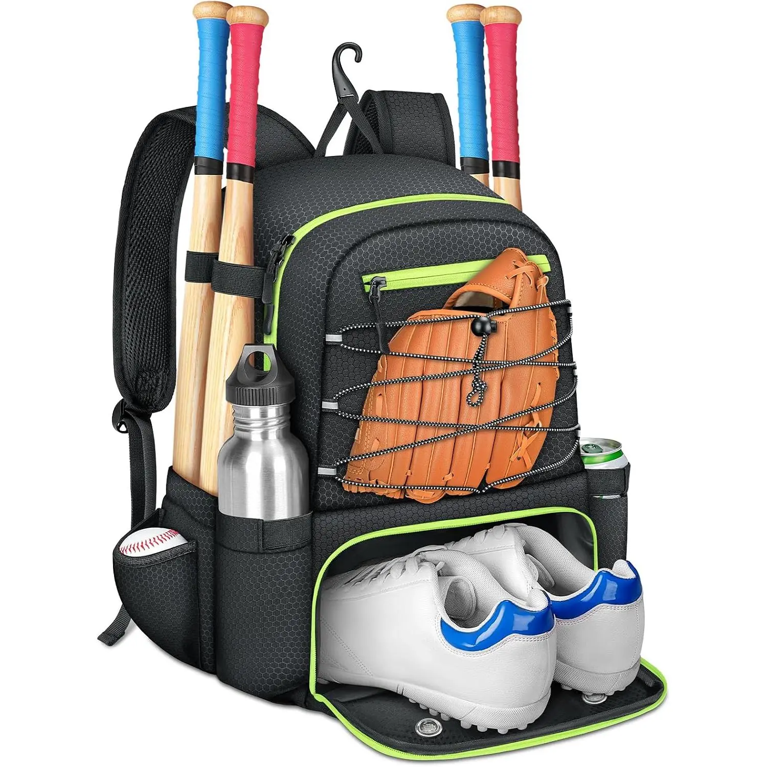Baseball Bat Bag for 4 Bats with Ball Pocket & Shoe Compartment| Lightweight, Youth Baseball Backpack, Large Capacity, Softball Equipment Bag, Fence Hook for  Gear, Helmet, Glove