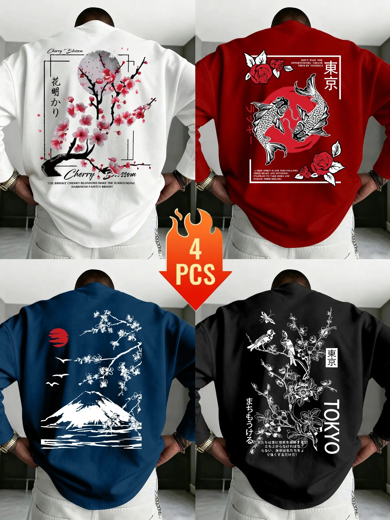 Men's 4-Pack Japanese Ukiyo-E Cherry Blossom Koi Fuji Tokyo Print Loose Fit Casual Long Sleeve T-Shirts, Streetwear Camping Versatile Top