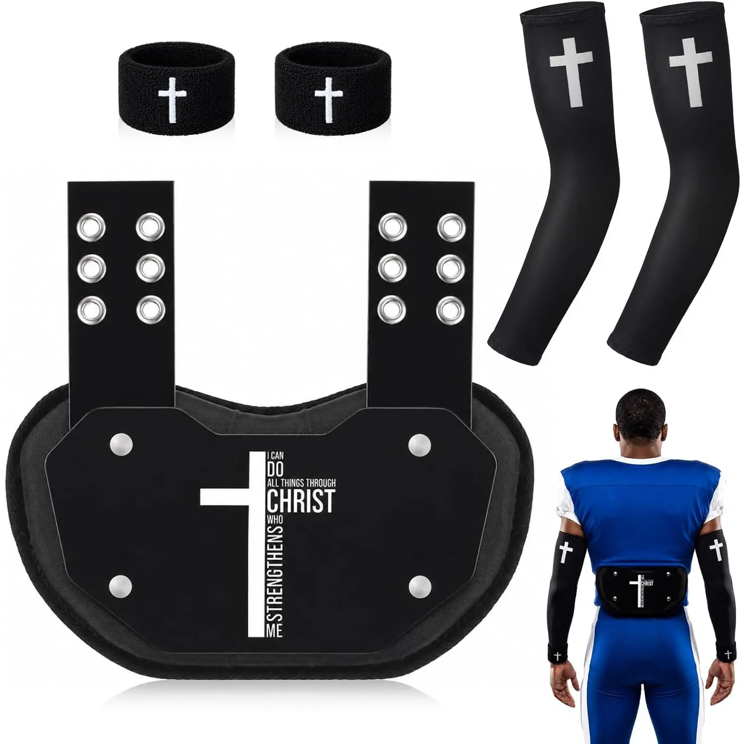 7 Pcs Christian Football Backplate Set with Arm Bands Bicep Bands Faith Cross Arm Sleeve Sport Lower Back Pads for Football Players Rear Protector for Youth Adult