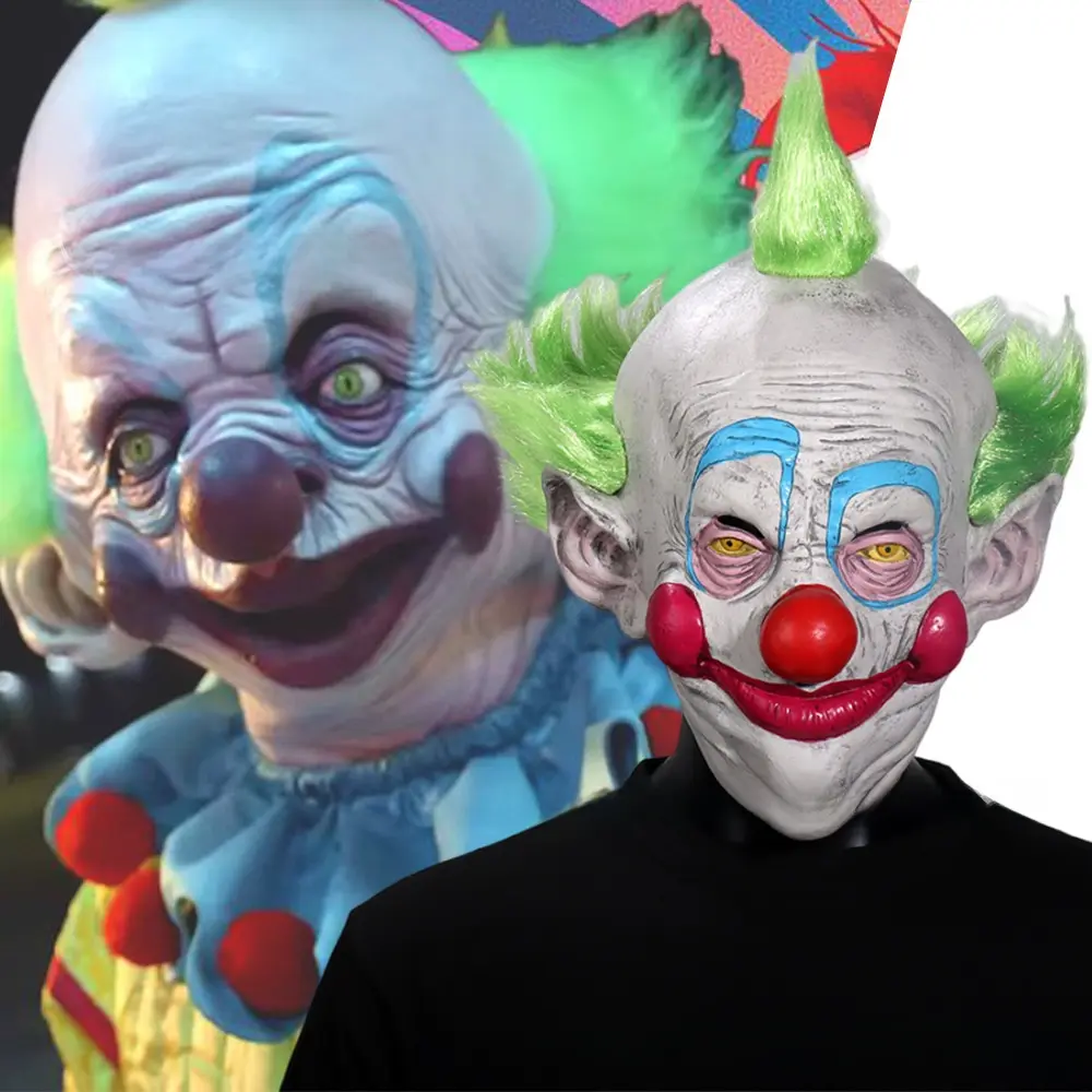 Outer Space Alien Killer Clown Latex Mask with Green Hair, Comfortable Halloween Cosplay Prop for Party, Carnival Face Covering Accessories
