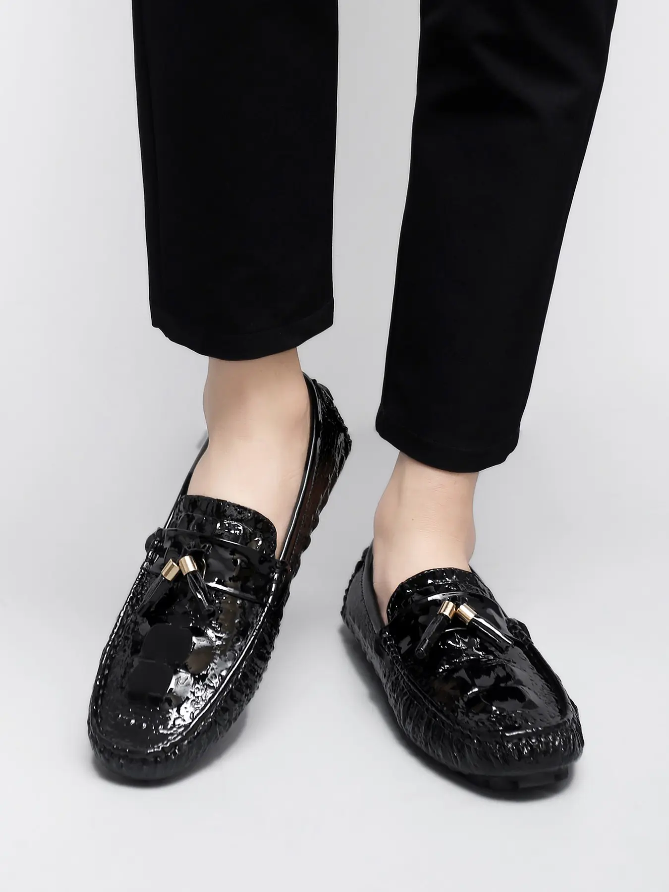 Men's Classic New Mirror Embossed Fringe Loafers, Soft Comfortable Driving Shoes, Large Size , Mark Stitching Design