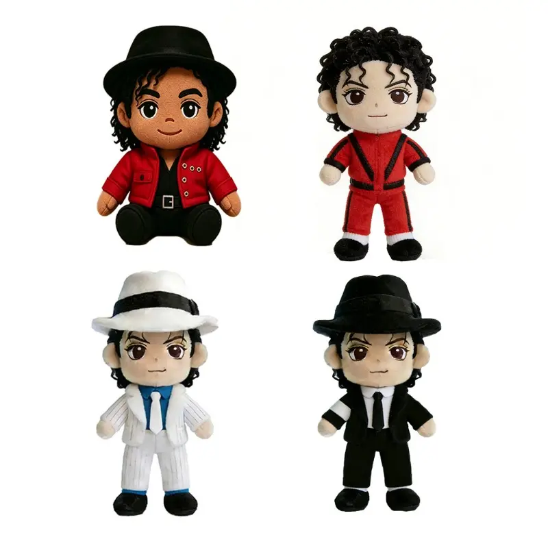 4 Pack Michael Jackson Plush Doll Full Set Classic Stage Costumes Red Jacket Red Jumpsuit White Striped Suit Black Formal Hat Outfit Pop Music King Character Stuffed Toy Soft Fluffy Decor Gift For Music Fans Teens Concert Themed Party Favor Cross-Border W