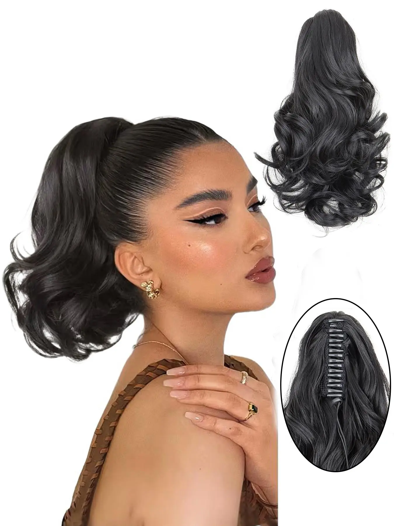 One piece Short Curly Clip-In Ponytail Hair Extension, Extension Hairpiece, Synthetic Extensions, Synthetic Wavy Hair, Heat Resistant Synthetic Fiber, Synthetic Fiber Hairpieces, for Women & Girls, Wedding Party Daily Wear