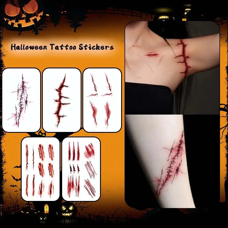 Halloween Horror Scratch Stitch Wound Scar Temporary Tattoo Stickers, Waterproof, Realistic Fake Tattoos for Face, Hands, Arms, Legs, Chest, Collarbone, Back