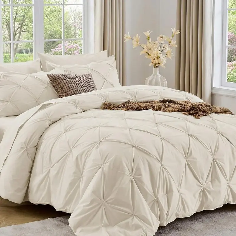 Beige Queen Comforter Set 7 Pieces, Pintuck Bedding Set with Sheets, Soft Lightweight Bed in a Bag, Elegant Textured Comforter Set, All Season Cozy Bedroom Bedding