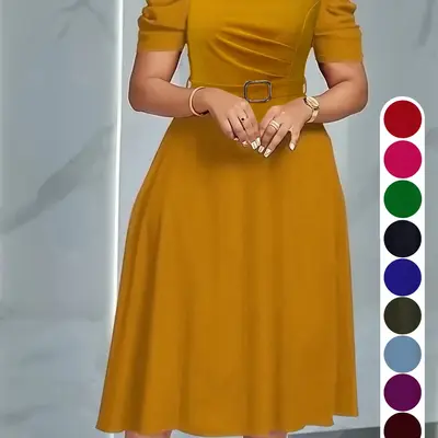 Summer Camel Bubble Sleeve Midi Dress, Slim-Fitting A-Line with Waist Belt, Elegant Chic Everyday Of