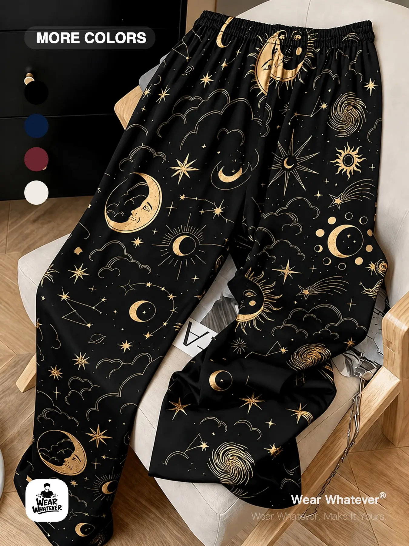 Wear Whatever Unisex Celestial Moon Star Galaxy Wide Leg Lounge Pants, Loungewear, Elastic Waist Loose Fit Pajama Style Pants for Men Women Homewear, Travel, Vacation, Sleepwear and Casual Daily Outfits