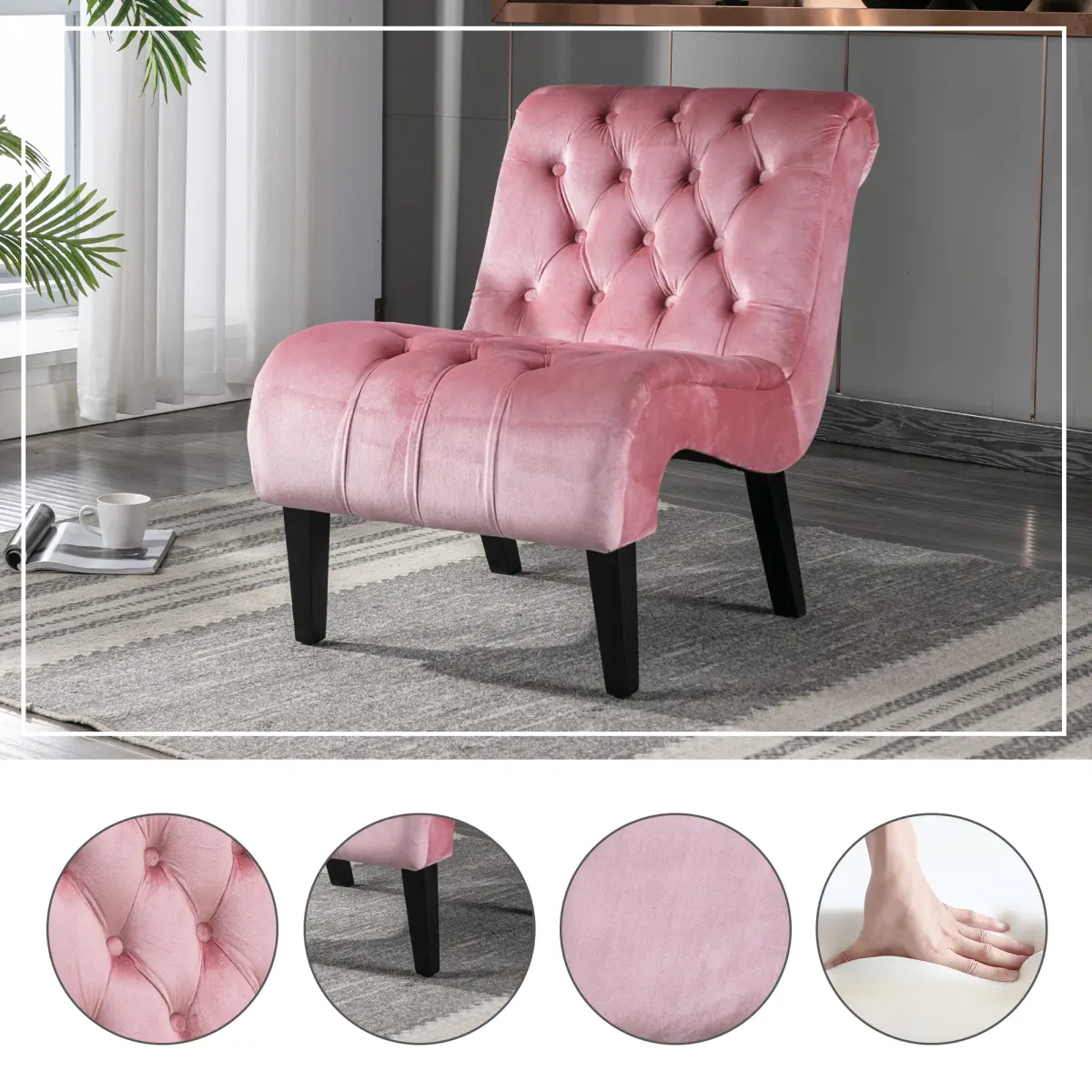 Modern Velvet Armless Accent Living Room Chair / Leisure Chair,Upholstered Fabric Button Comfortable Chair with Wooden Legs for Bedroom, Living Room, Office (Pink Velvet)