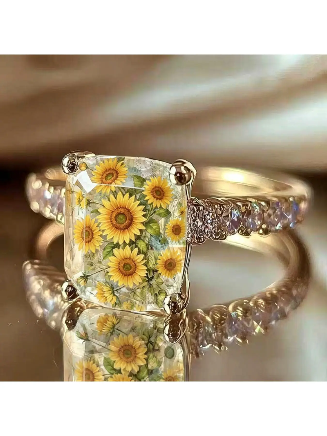 Sunflower Pattern Color-Printed Jewelry Ring - Fresh and Natural Style, Small-Scale Design Ring, Spring Sunlight-Affected Multi-Use Accessory