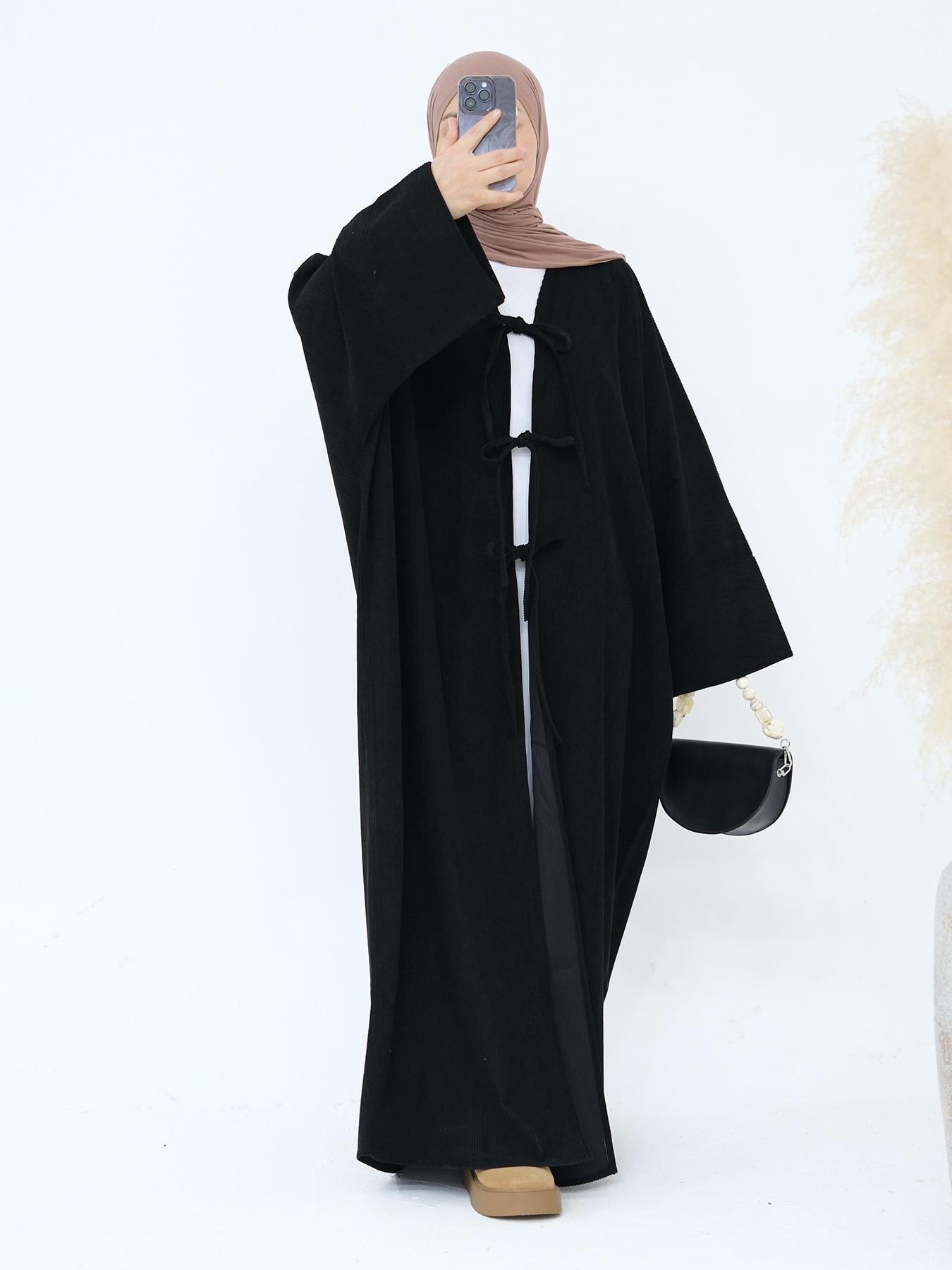 Women's Solid Color Tie Front Batwing Sleeve Abaya, Casual Long Sleeve Thickened Outerwear for Fall & Winter, Women's Islamic Clothing for Daily Wear