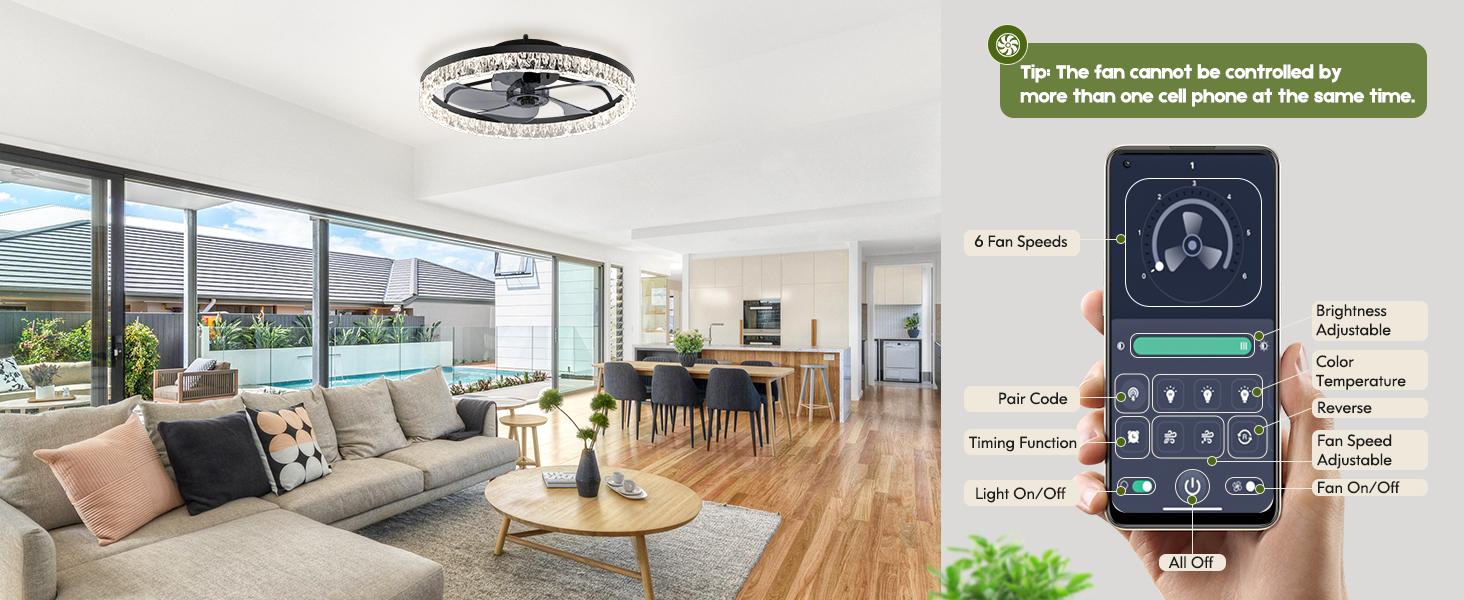 【Winter Offer】20'' Ceiling Fans with Lights and Remote, 3000K-6500K Dimmable Flush Mount LED Ceiling Fan, 6 Wind Speeds, Fandelier Ceiling Fan with Lights for Bedroom