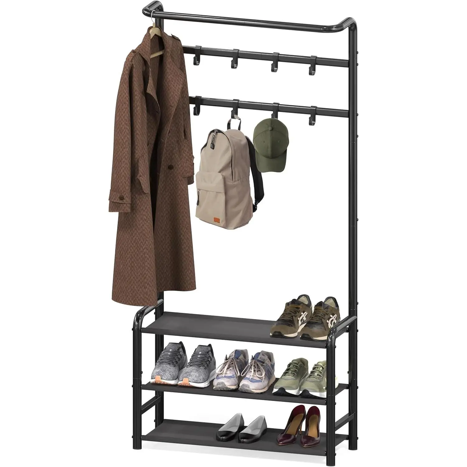 Black Standing Hall Tree Coat Rack with Shelf, Adjustable Hooks, Home Organizer Shoe Rack Organizer