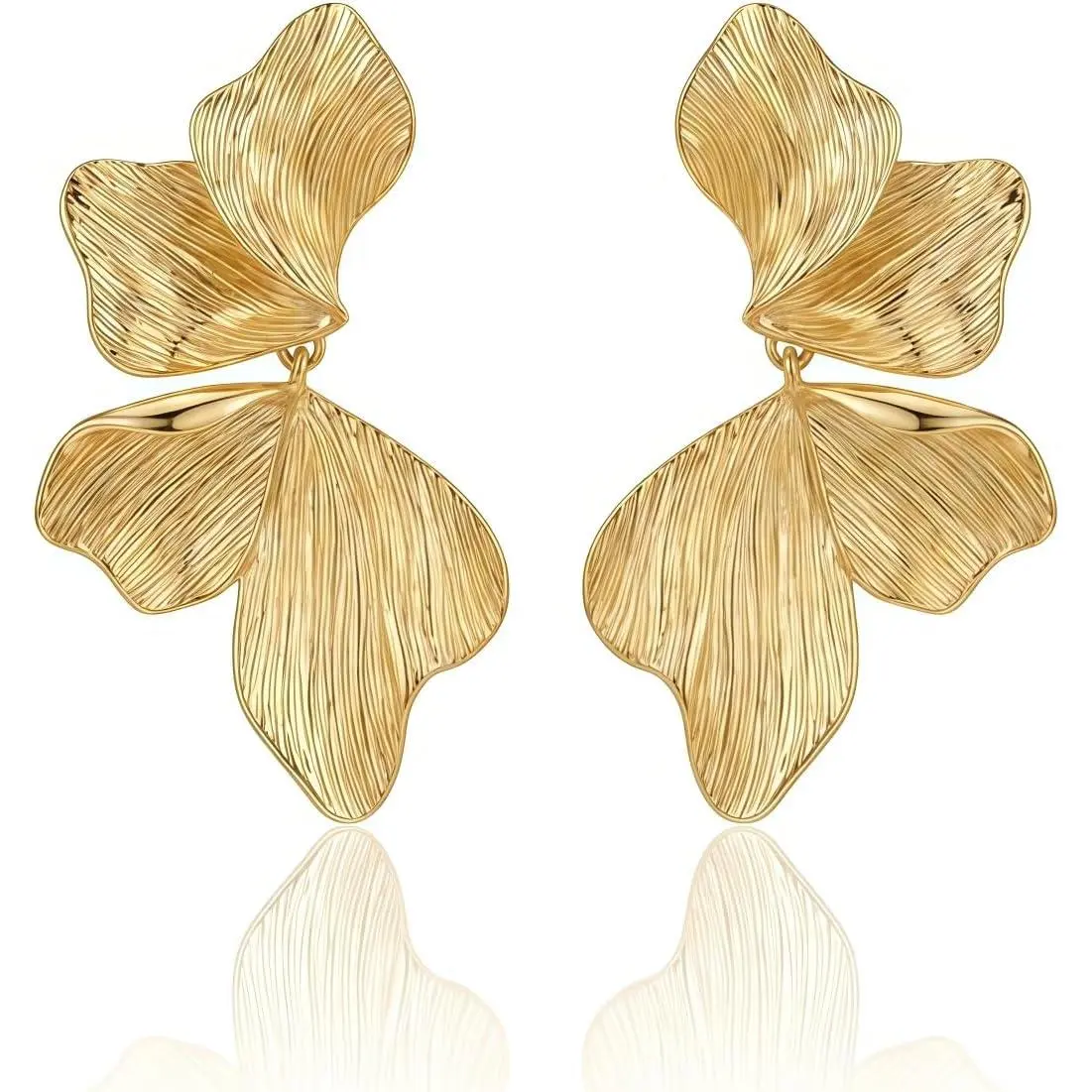 Gold Flower Drop Earrings for Women, Large Statement Dangle Earrings for Wedding Party, Hypoallergenic 18K Gold Plated Textured Petal Wing Jewelry