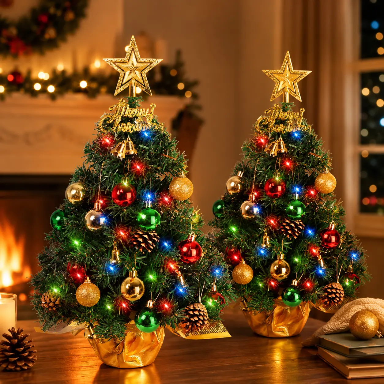 Pre-Lit Mini Christmas Tree with Multicolor Lights, Star Topper, Ornaments, Bells & Pinecones, Compact Tabletop Christmas Tree for Desk, Office, Bedroom, Apartment, Holiday Party, Home Decor, Seasonal Decoration & Christmas Gift