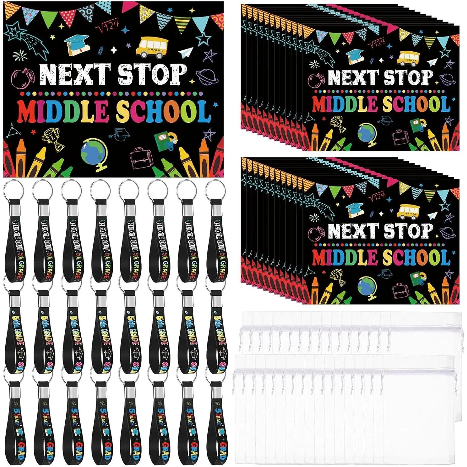 2026 5th Grade Graduation Gift Bundle (24-Pack) - Keychain Bundle Set, Greeting Card, Organza Bag for Grad Party Favors Supplies