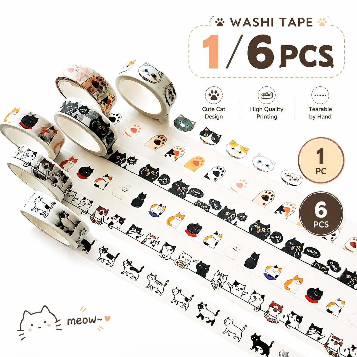 Cute Cat Pattern Washi Tape, Multi-Functional Paper Glue Tape, Ideal for Handmade Crafts, Journal Decoration, 1/6 Roll
