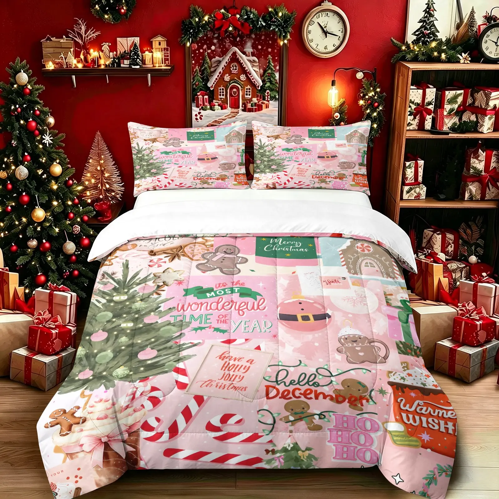 Pink Christmas Gingerbread Comforter Set (1 Quilt + 1-2 Coreless Pillowcases), Soft Comfy Durable Washable, All Season Microfiber Bedding, Xmas Candy Cane Print Decorative Bed Set for Girls Bedroom Dorm