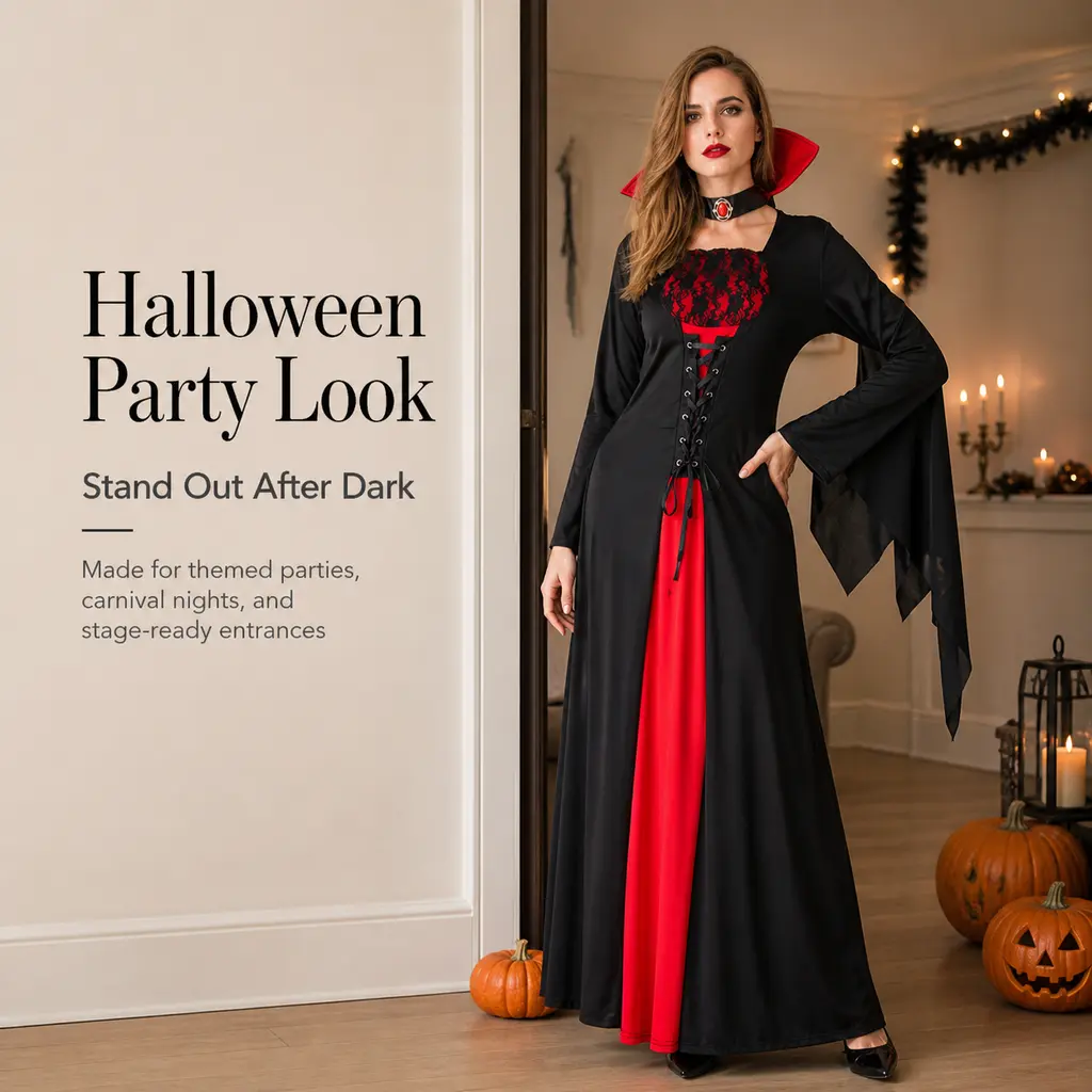 Women Vampire Costume Black Red Long Dress Bat‑wing Sleeve Halloween Cosplay Outfit