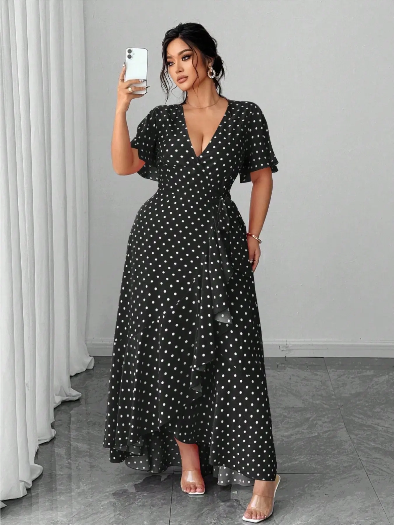 Plus Size Polka Dot Wrap Dress, Adjustable Tie Waist, Ruffled Hem, Side Slit, Chic, Elegant and Comfortable, Perfect for Casual Wear, Boho Chic Dress