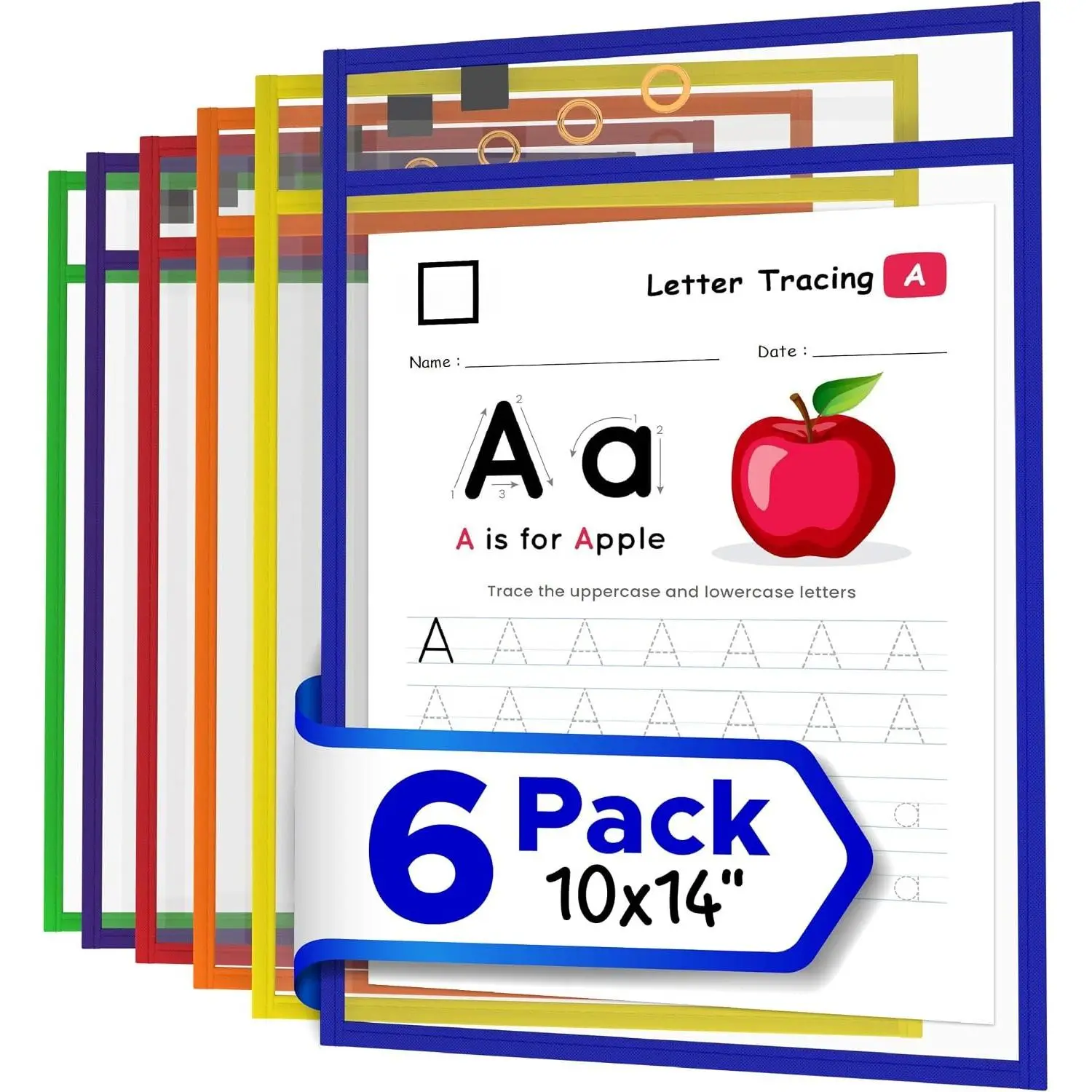 Dry Erase Pocket Sleeves 6 Pack,  Sheet Protectors 10x14 | 6  Colors with Marker Holder,  10x14", Heavy Duty  Vinyl, Wipes Clean No Ghosting,  Resistant