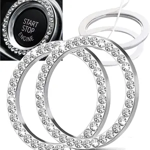 2Pcs Bling Rhinestone Engine Start Button Cover, Sparkly Crystal Push Start Stop Ring, Universal Keyless Ignition Car Accessories