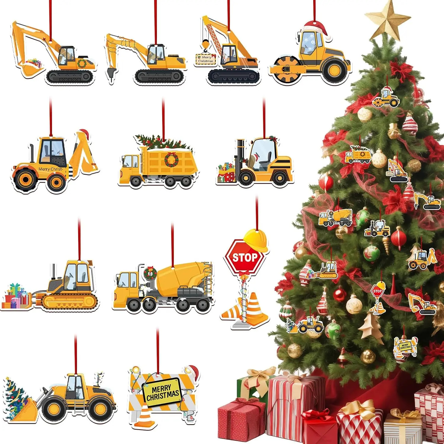 24 count Christmas Construction  Ornaments Decoration Wooden  Excavator Christmas Tree  Crafts for   Party Decor Holiday Xmas Party Supplies Merry Christmas Winter