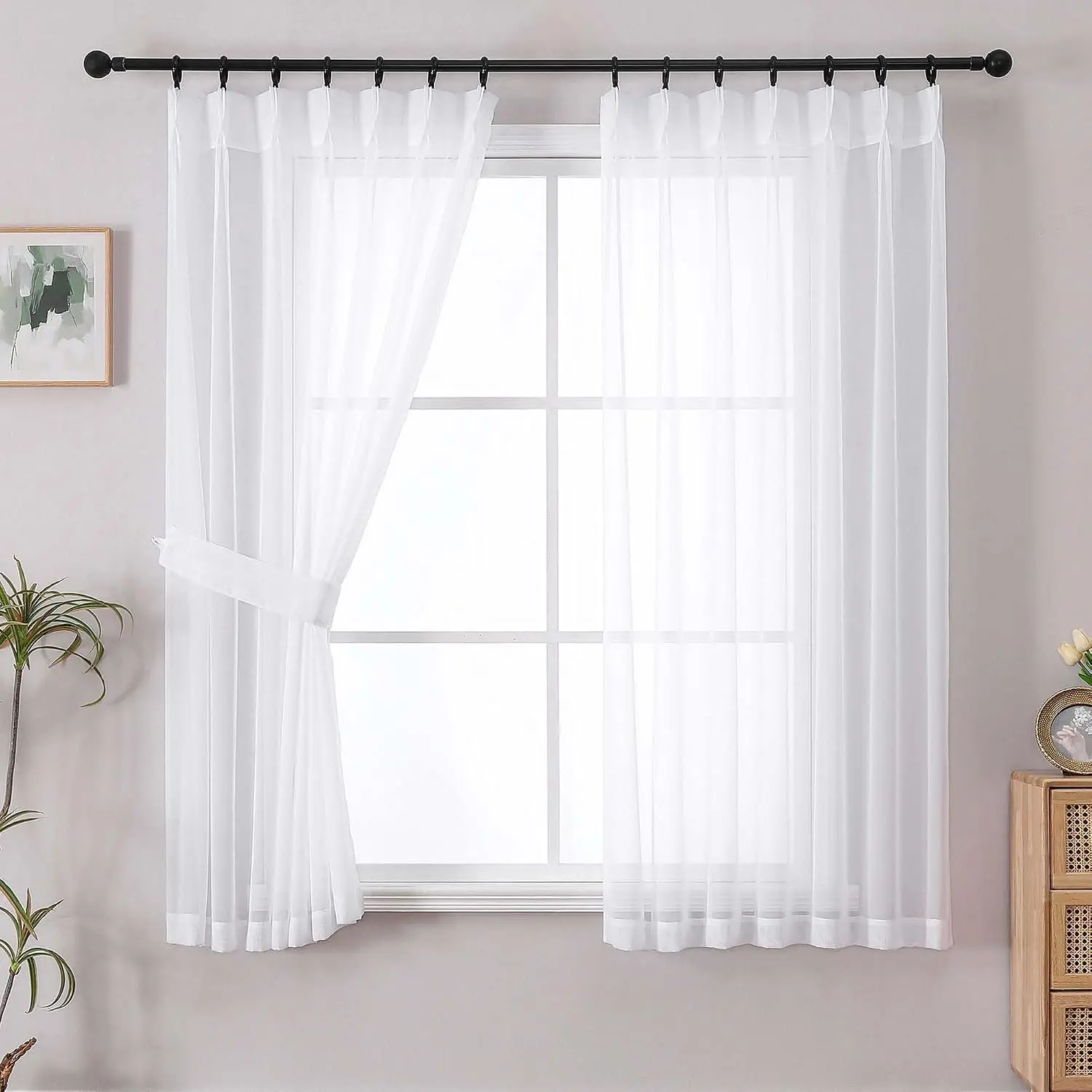 Modern Pinch Pleated White Sheer Curtains Set of 2, 40x63 in Each Panel, Airy Light-Filtering Solid Window Treatments for Bedroom, Living Room, 63 in Length