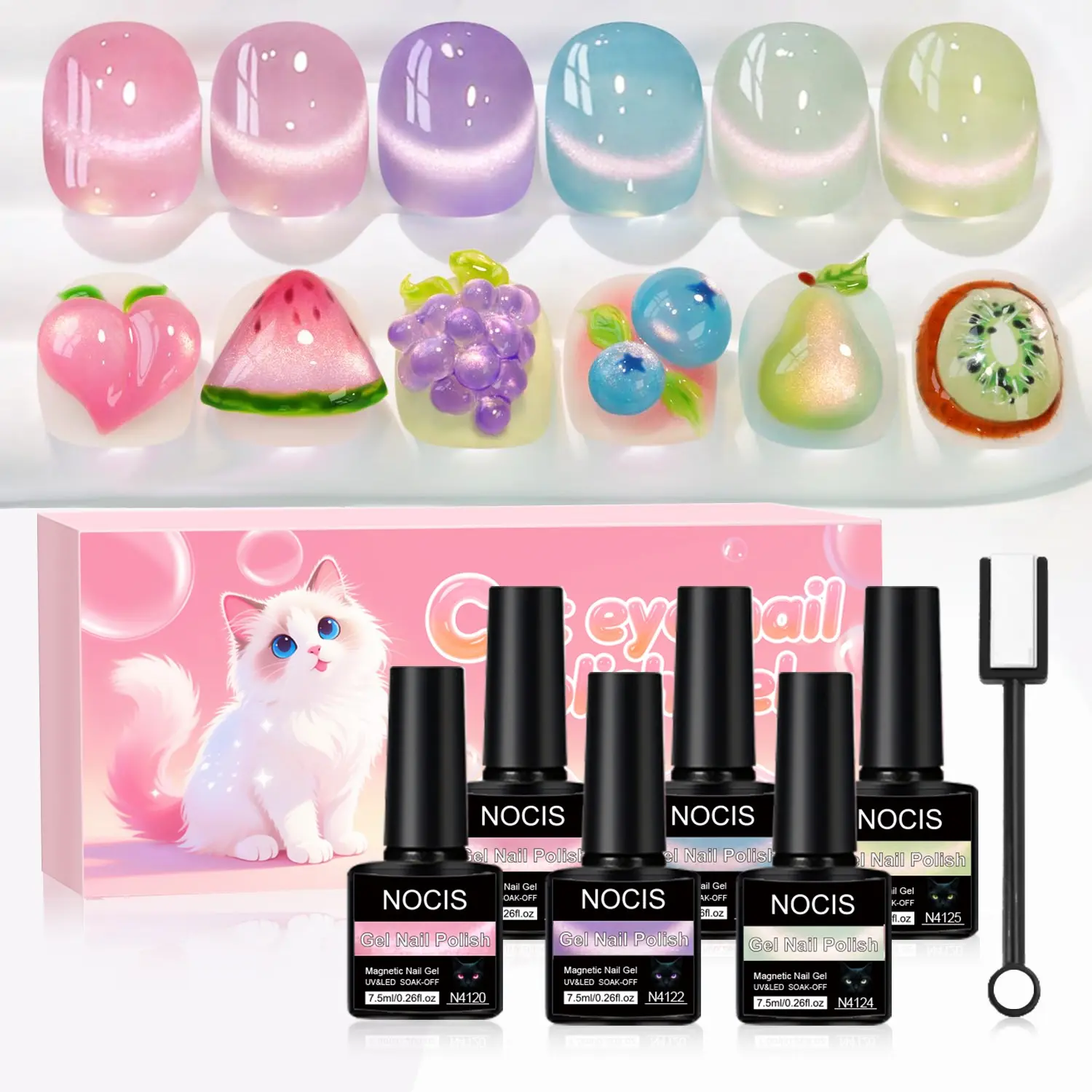 Nocis 6 Color Transparent Aurora Cat Eye Gel Nail Polish Set, Removable UV LED Magnetic Crystal, DIY Home Use, Blue