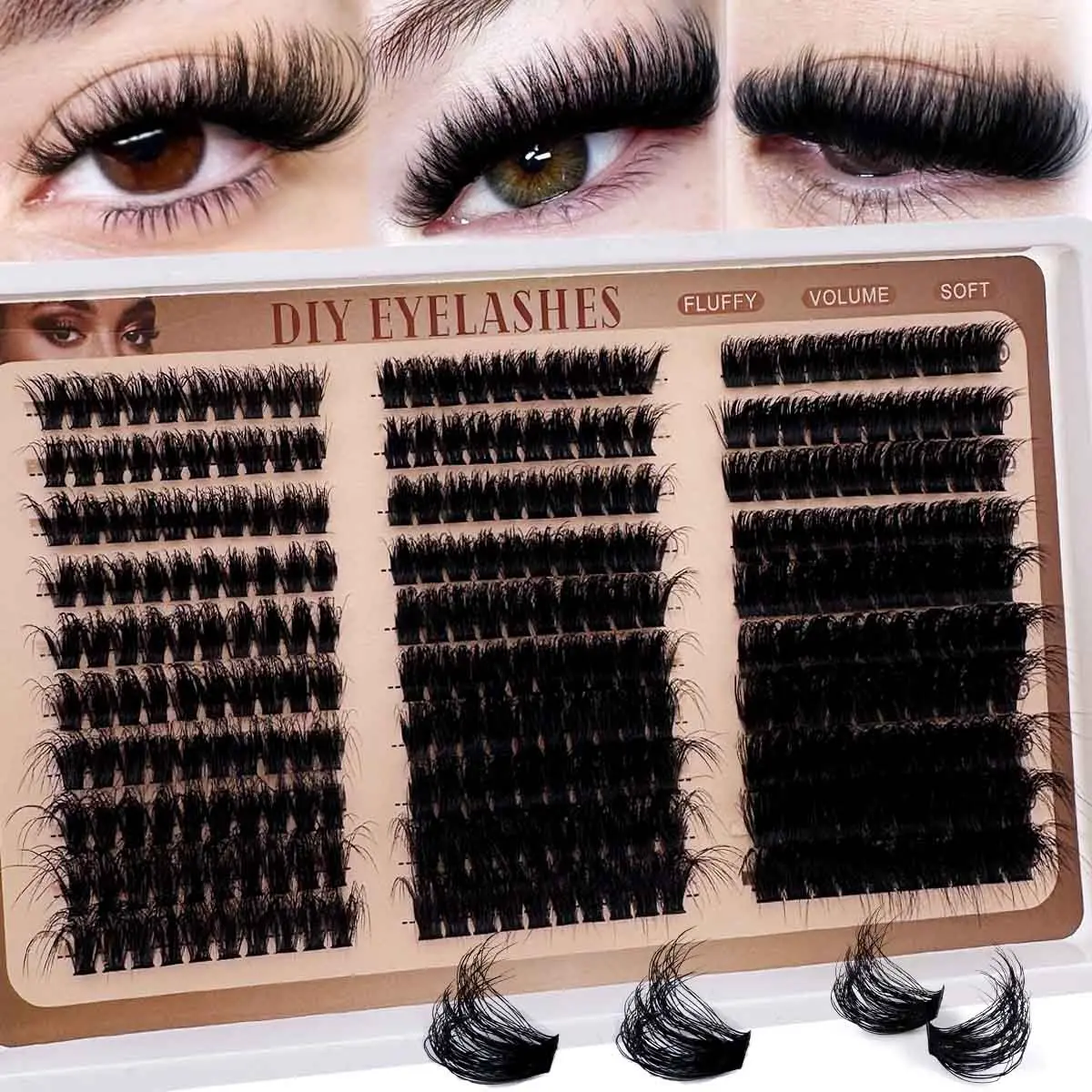 300pcs/240pcs/170pcs Russian Lash Extensions Kit 60D+80D+100D/100D+120D+160D/160D+200D+300D 3D Volume Eyelash Clusters D-Curly 10-18MM DIY Eyelash Extensions, Individual Lash Clusters, Diy Volume Eyelashes, Natural Look, Reusable