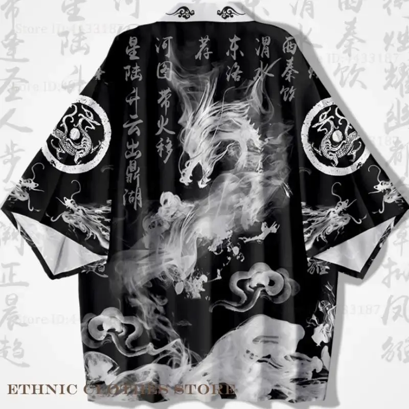 Men's Oversize Japanese Kimono Cardigan - Polyester Smooth Style Clothes, Traditional Samurai Cosplay Dragon Print Haori Jacket, 3XL-5XL for Everyday Wear, Fit