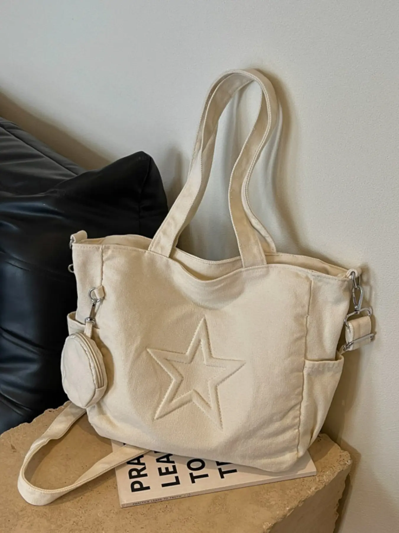 Canvas Tote Bag with Star Pattern, Dual Side Pockets, Detachable Shoulder Strap, Large Capacity, Ideal for Books and Electronics