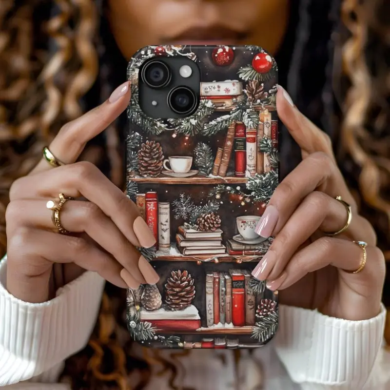 Christmas Bookshelf Magsafe Phone Case, Winter Holiday Design, Compatible with Apple iPhone 17-11 Pro Max, Striped Pattern, Tpu Material