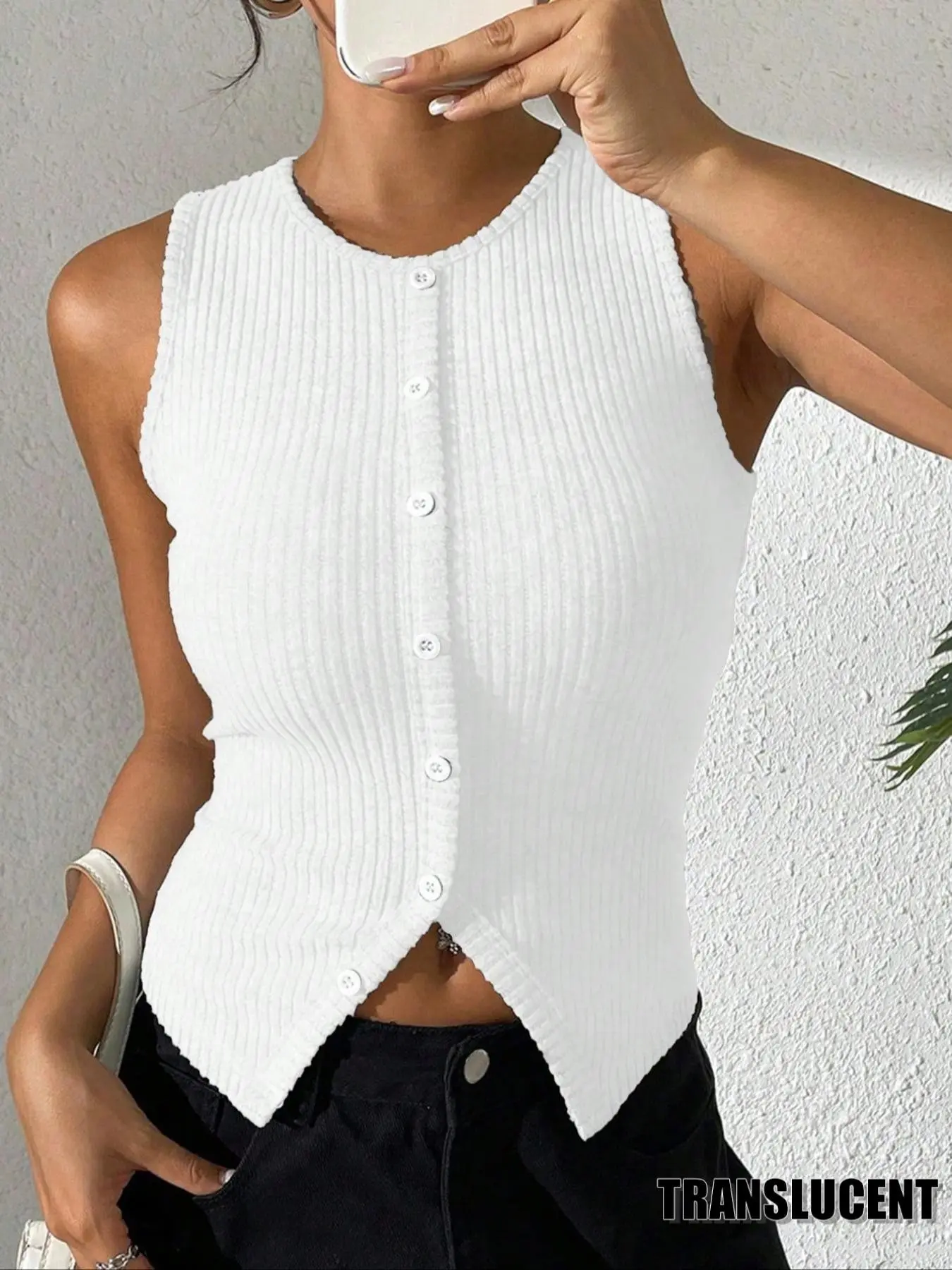 Women's Tight-Fit Knitted Ruched Micro-Transparent Round Neck Sleeveless Slim Fit Vest, Split Hem Button Design, Elegant Chic Casual Daily Fashion Top