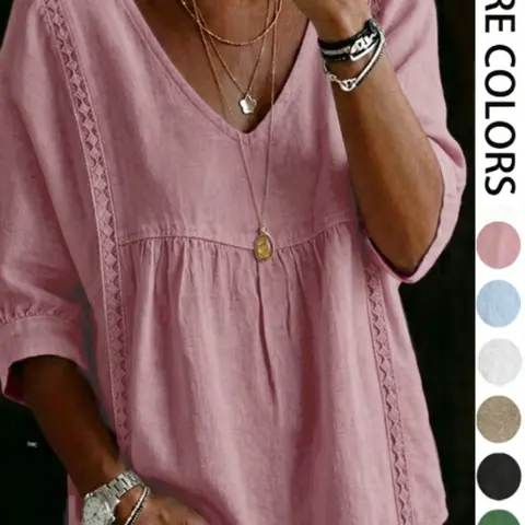 Women's Floral V-Neck Pullover Top, Solid Color Casual Loose Seven-Eighth Sleeve T-Shirt, 7 Colors Available, Ladies' Fashion Clothing, Womenswear, Daily Wear Tops