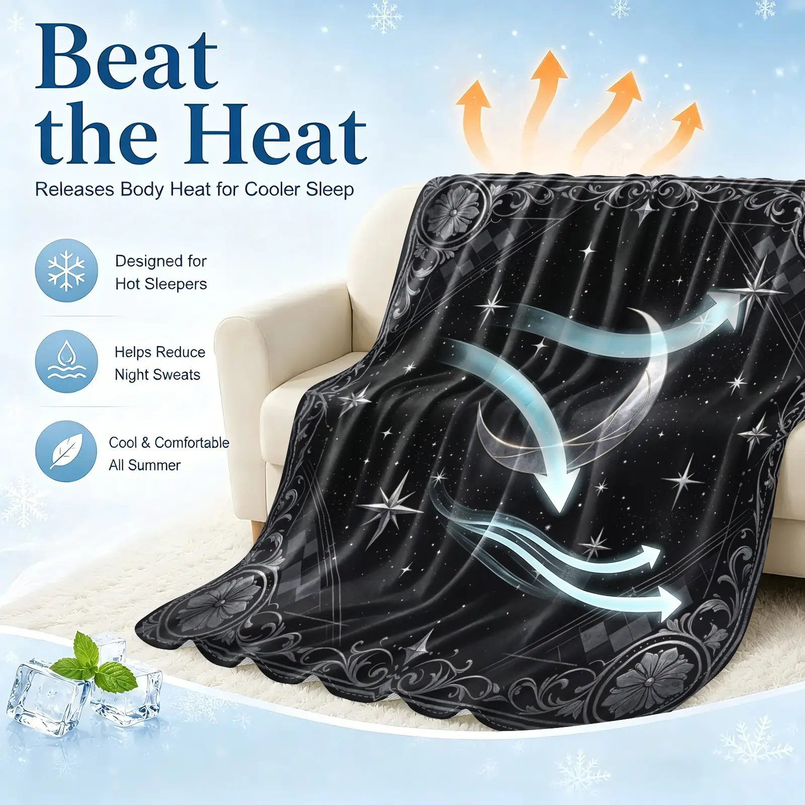 Silver Checkered Moon Star Cooling Blanket, Arc-Chill Icy Touch Summer Throw for Hot Sleepers, Lightweight Multi-Functional Sofa Bed Cover, Witchy Galaxy Summer Vibes Decor for Sofa Office Nap Travel Camping, Ideal Mystical Astrology Gift