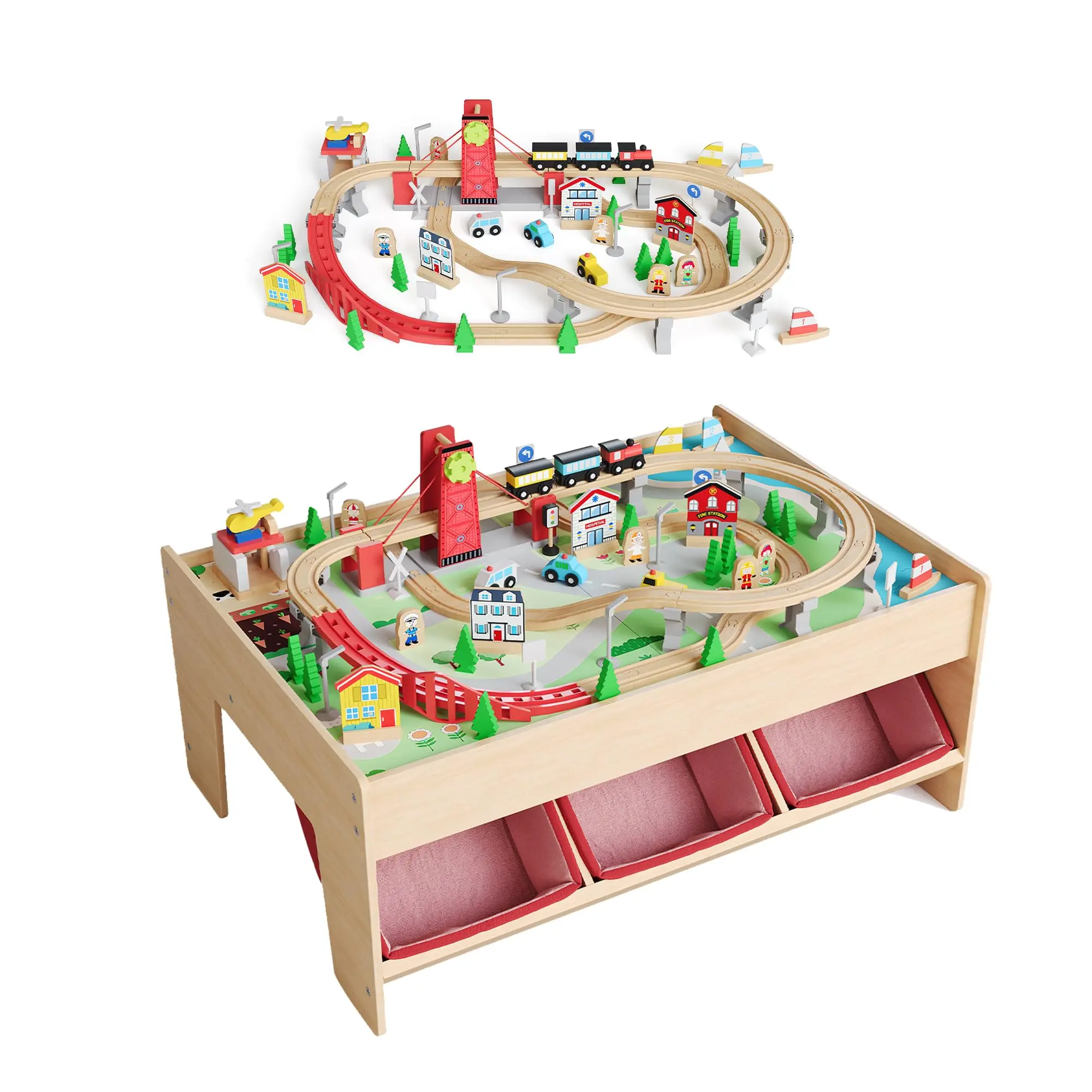 Wooden Train Table Playset for Kids 3+, Indoor 32" x 22" x 16" Child-Safe Activity Table, Reversible Detachable Tabletop, 90 Pcs Train Track & City Accessories, Compact Storage Bin, Sturdy Rounded-Edge Wood, Easy to Assemble