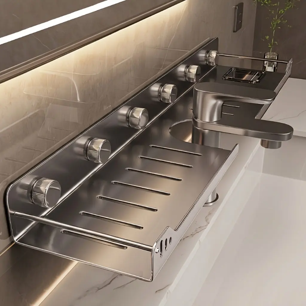 Wall-Mounted Bathroom Shelf, No-Drill Faucet Holder, Mirror Front Organizer, Toilet Counter Storage Rack, Space-Saving Design, Bathroom Space Saver